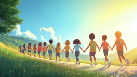 Side view of diverse kids holding hands, walking down a sunny path, symbolizing hope for the future.の素材