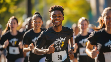 People of different races participating in a charity run, wearing matching shirts and showing solidarity.の素材