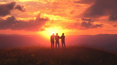 International friends watching a sunset from a hilltop, arms around each other, appreciating nature and friendship.の素材