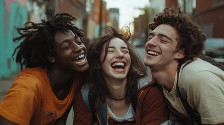 Portraits of friends from diverse cultural backgrounds laughing together in a casual urban setting.の素材