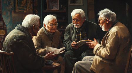 Portrait of elderly people of different ethnicities sharing stories in a community center, full of warmth and wisdom.の素材