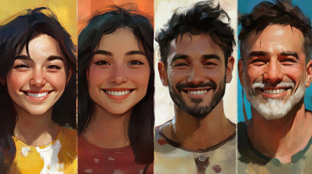 Side-by-side portraits of individuals of different ethnicities, each smiling warmly, emphasizing shared humanity.の素材