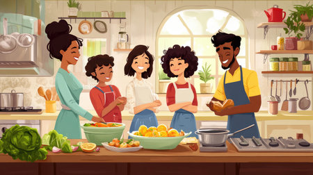 Interracial family cooking together in the kitchen, sharing recipes and laughter, emphasizing love and tradition.の素材