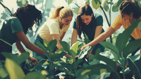 Young adults of varying racial backgrounds planting trees together, emphasizing environmental unity and teamwork.の素材