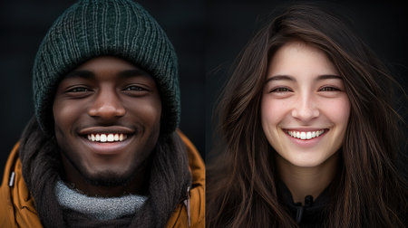 Side-by-side portraits of individuals of different ethnicities, each smiling warmly, emphasizing shared humanity.の素材