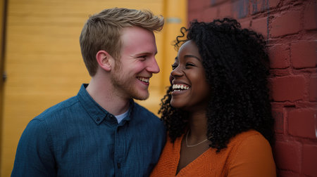 Portrait of interracial couple laughing together in a vibrant urban setting, capturing their joy and connection.の素材