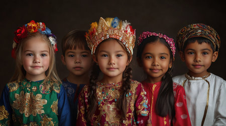 Portrait of multi-racial children wearing traditional clothing from their cultures, celebrating heritage.の素材