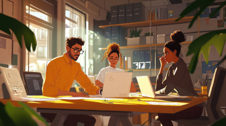 Young professionals of various ethnicities working together on a creative project in a modern office.の素材