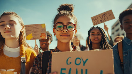 Portraits of diverse young activists standing together with handmade signs advocating for equality and inclusion.の素材