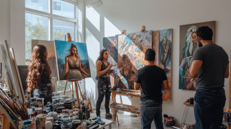 Portrait of a mixed group of artists painting side by side in a sunny studio, their works reflecting cultural themes.の素材