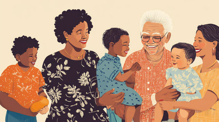 Portraits of grandparents and grandchildren from different racial backgrounds in a family embrace.の素材