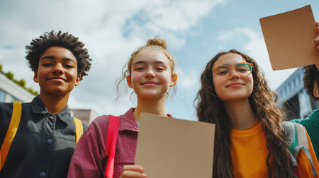 Portraits of diverse young activists standing together with handmade signs advocating for equality and inclusion.の素材