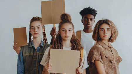 Portraits of diverse young activists standing together with handmade signs advocating for equality and inclusion.の素材
