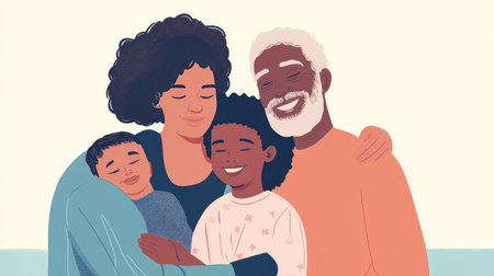 Portraits of grandparents and grandchildren from different racial backgrounds in a family embrace.の素材