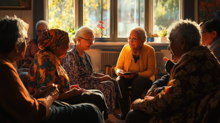 Portrait of elderly people of different ethnicities sharing stories in a community center, full of warmth and wisdom.の素材