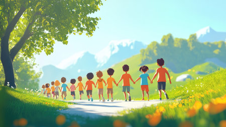 Side view of diverse kids holding hands, walking down a sunny path, symbolizing hope for the future.の素材