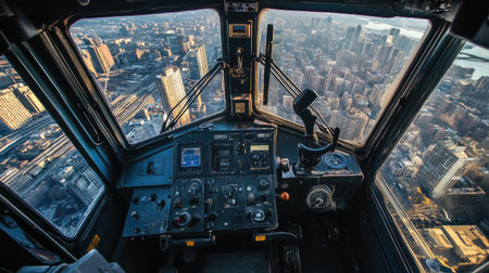Crane operator's view from inside the cab, with gears, levers, and cityscape visible through the windowの素材