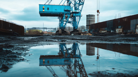 Blue construction crane reflected in a puddle of water, adding a unique perspective to an industrial landscapeの素材