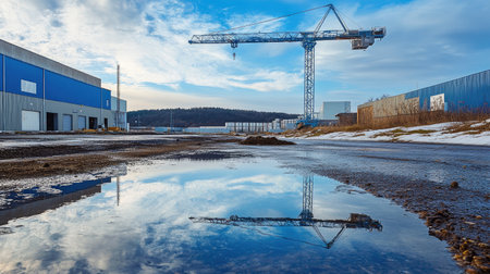 Blue construction crane reflected in a puddle of water, adding a unique perspective to an industrial landscapeの素材
