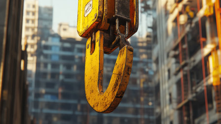 Close-up view of a bright yellow crane hook hanging in mid-air, ready for action at a bustling construction siteの素材