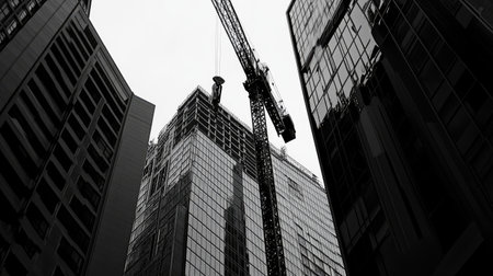 Construction crane nestled among skyscrapers, highlighting the contrast between finished and unfinished architectural marvelsの素材