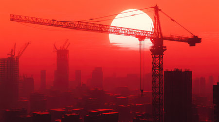 Massive red construction crane with extended boom, set against a dramatic sunrise, highlighting progress in the cityscapeの素材