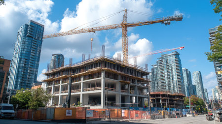 Industrial scene with a crane beside a high-rise under construction, emphasizing vertical growth and modern developmentの素材