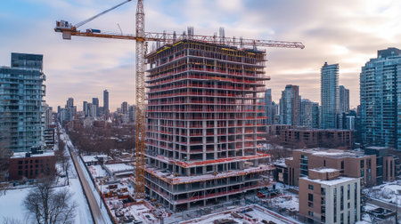 Industrial scene with a crane beside a high-rise under construction, emphasizing vertical growth and modern developmentの素材
