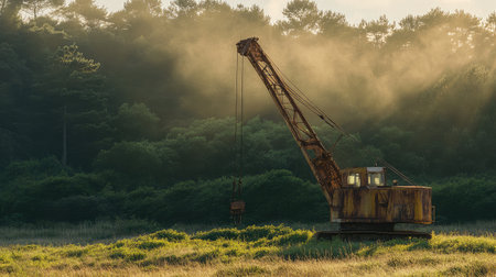 Rusty old construction crane abandoned in an overgrown field, a remnant of past industrial efforts, bathed in golden lightの素材