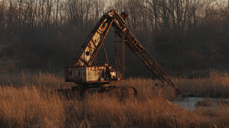 Rusty old construction crane abandoned in an overgrown field, a remnant of past industrial efforts, bathed in golden lightの素材