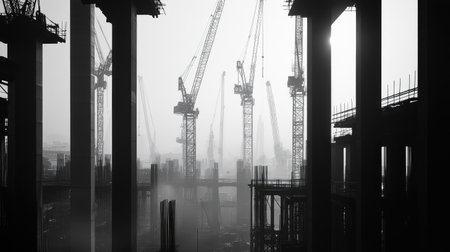 Industrial scene with multiple cranes working on a large construction project, framed by steel beams and concrete foundationsの素材