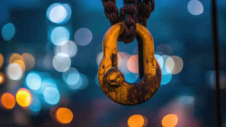Detail of a crane's hook and cables with background bokeh of city lights, emphasizing industrial precisionの素材