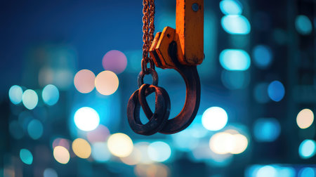 Detail of a crane's hook and cables with background bokeh of city lights, emphasizing industrial precisionの素材