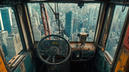 Crane operator's view from inside the cab, with gears, levers, and cityscape visible through the windowの素材