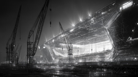 Row of cranes building a stadium, with massive steel beams and an architectural blueprint outline in the foregroundの素材