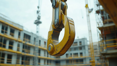 Close-up view of a bright yellow crane hook hanging in mid-air, ready for action at a bustling construction siteの素材