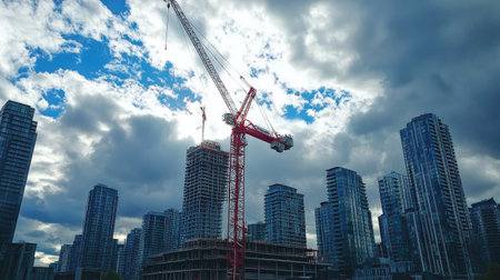 Tower crane with red and white accents reaching up into a cloudy sky, framed by urban development in progressの素材