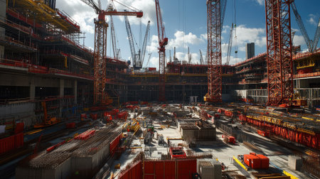 Cranes forming a web of support at a major construction site, showcasing the complexity of building large structuresの素材