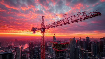 Massive red construction crane with extended boom, set against a dramatic sunrise, highlighting progress in the cityscapeの素材