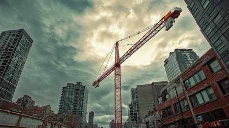 Tower crane with red and white accents reaching up into a cloudy sky, framed by urban development in progressの素材
