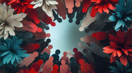 Cutout paper people in a loose circle, heads and hands touching, symbolizing caring and shared perspectivesの素材