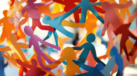 Close-up of paper people cutouts forming a ring, hands connected, suggesting solidarity and shared purposeの素材