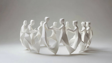 Group of interlinked paper figures forming a complete ring, each leaning in for meaningful conversationの素材