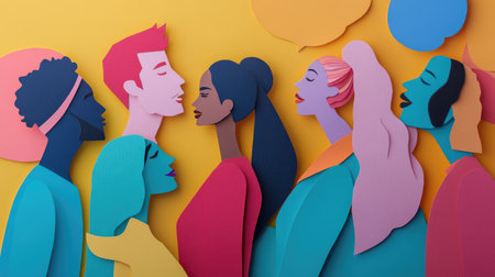 Group of diverse paper people gathered closely, heads tilted toward one another, symbolizing inclusive conversationsの素材