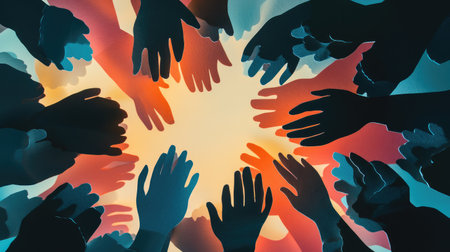 Cutout paper people in a loose circle, heads and hands touching, symbolizing caring and shared perspectivesの素材