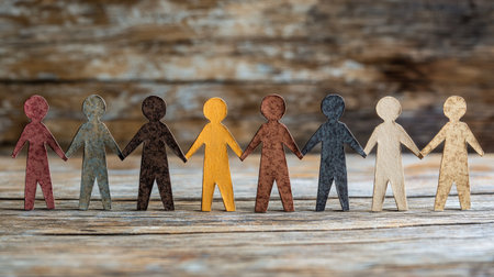 Line of paper people facing each other in a conversation, emphasizing equality, connection, and communicationの素材