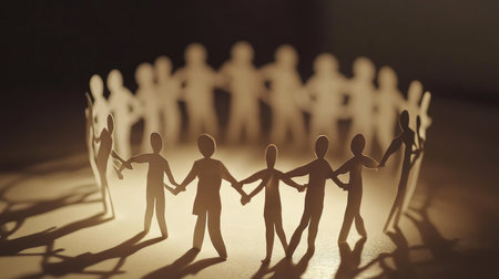Chain of paper people in a ring, with shadows adding depth, emphasizing the strength of unity and communicationの素材