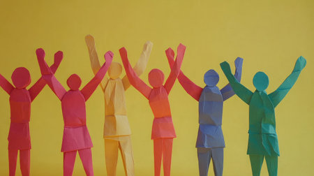 Colorful paper people standing together, arms raised as if cheering in support and shared enthusiasmの素材