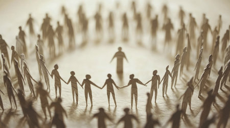 Group of interlinked paper people forming a ring, with varying heights to represent diverse but united voicesの素材