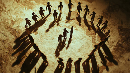 Circle of simple paper people standing together, leaning in as if in a supportive discussion, shadows adding depthの素材